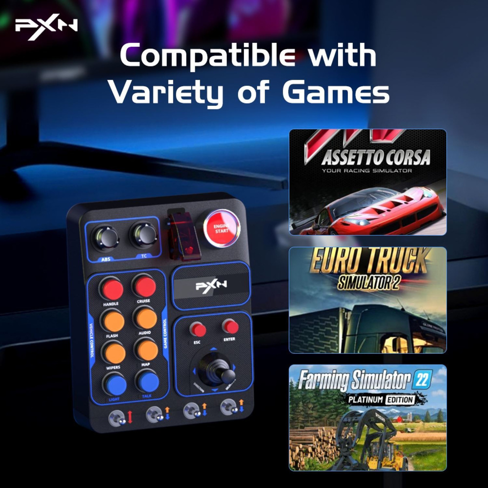 Ovládací panel PXN CB1 Control Box, PC čierny Herný ovládač PXN s farebnými tlačidlami vedľa obalov hier Assetto Corsa, Euro Truck Simulator 2 a Farming Simulator 22; výrazný, energický dizajn.