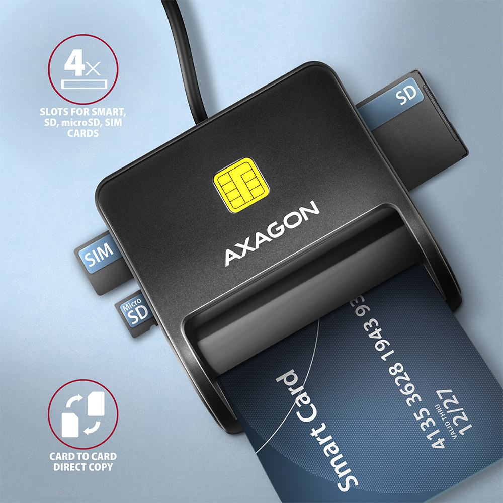 Čítačka eObčianok Axagon USB-A FlatReader 4-slot + SD/microSD/SIM, 1,3 m čierna