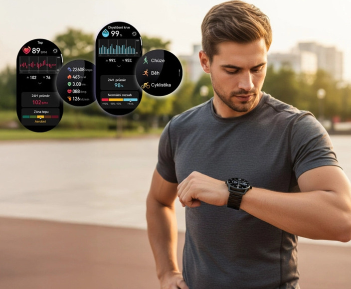 Inteligentné hodinky Aligator Watch AMOLED PRO čierne Muž sleduje hodinky na ruke.