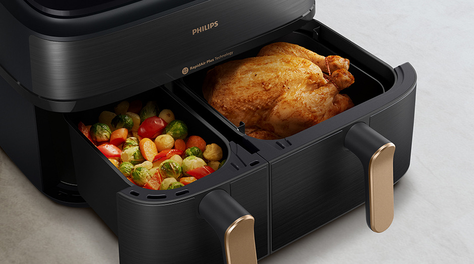 Fritéza teplovzdušná Philips NA552/00 Airfryer dual basket s parou 9 l, čierna