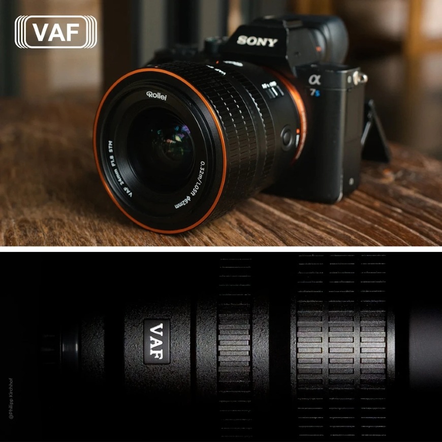 Fotoaparát s objektívom Rollei 24 mm AF f/1.8 s optickou konštrukciou VAF