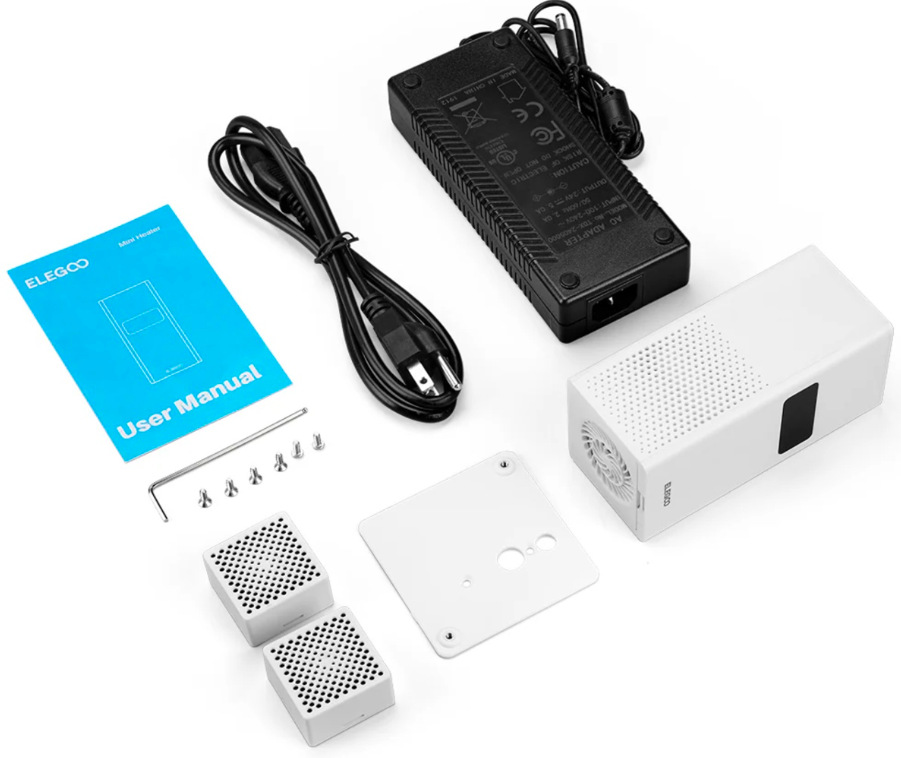 Náhradný diel Elegoo Mini Heater Obsah balenia Elegoo Mini Heater vrátane filtrov, adaptéra a montážného príslušenstva
