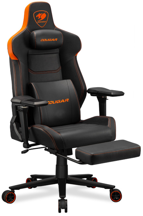 Herná stolička Cougar Armor Evo M čierna/oranžová Výsuvná podložka nôh u hernej stoličky Cougar Armor Evo M v čierno zlatom dizajne