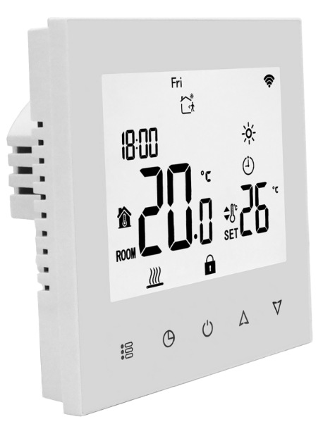 Termostat Elektrobock PT740W-NP WIFI biely Bočný pohľad na digitálny termostat Elektrobock PT740W-NP WiFi s LCD displejom