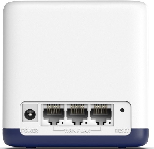 Kompletný Wi-Fi systém Mercusys Halo H50G (2 ks) biely Zadná strana jednotky Mercusys Halo H50G ukazuje konektorovú výbavu. Vľavo je okrúhly napájací konektor, uprostred tri sieťové porty WAN/LAN pre pripojenie káblového internetu alebo zariadenia cez ethernet a vpravo malé tlačidlo Reset. Zariadenie má biele telo so zaoblenými hranami a tmavo modrú spodnú základňu.