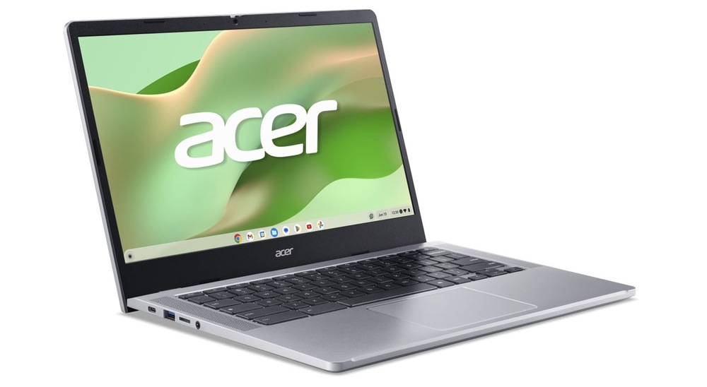 Notebook Acer Chromebook 314 (CB314-4HT-C2FL) strieborný Otvorený a zapnutý notebook Acer Chromebook 314 natočený doprava