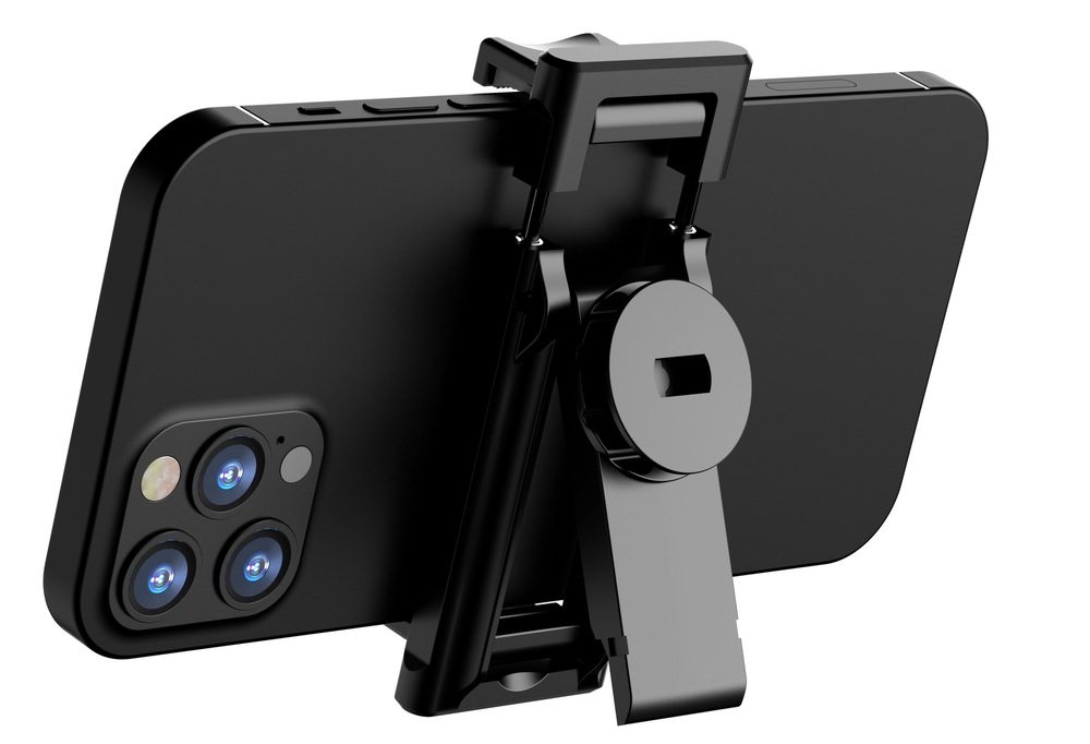 Selfie tyč GoGEN 6 teleskopická, bluetooth čierna Detailní pohled na odnímatelný a otočný clip selfie tyče GoGEN 6 držící chytrý telefon z zadní strany