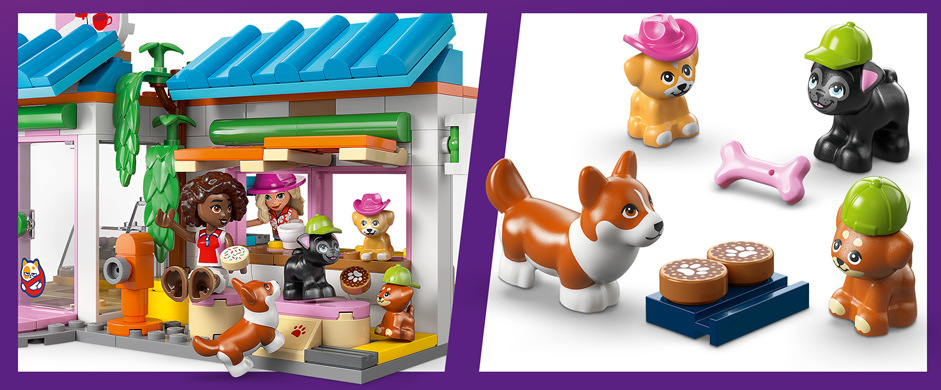 Stavebnica LEGO® Friends 42677 Pekárna pamlsků pro pejsky Pekáreň s Aliyou, Sage a štyrmi psíkmi ponúka deťom priestor na prípravu maškrty a vymýšľanie vlastných príbehov.