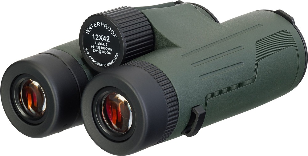 Ďalekohľad Levenhuk New Karma PRO ED 12x42 zelený Detail okulárov a ostriaceho kolieska s označením parametrov