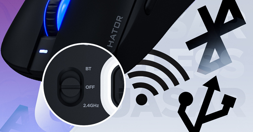 Myš HATOR Quasar 3 čierna HATOR Quasar 3 Wireless s detailom spodného prepínača a symbolmi troch spôsobov pripojenia