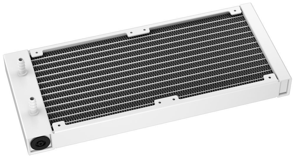 Vodný chladič DeepCool LE240 V2 White biely Foto hliníkového radiátora. Na jednej, užšej strane, sú dva nástavce na pripojenie hadíc od čerpadla.