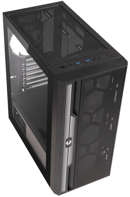 Case BitFenix Apollo čierna Pohľad z ľavej hornej strany cez priehľadnú bočnicu. Je vidieť aj časť zadnej steny.