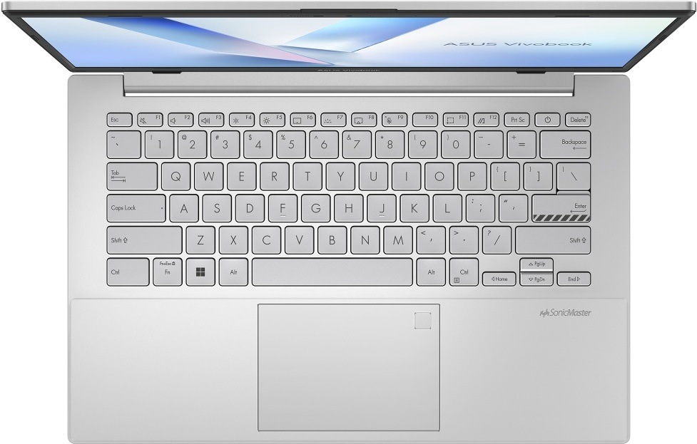 Pohľad zhora na klávesnicu, touchpad a čítačku odtlačkov prstov notebooku ASUS Vivobook Go 14″ width=