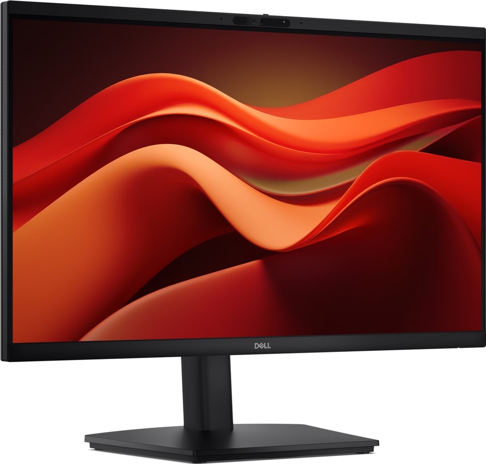 Monitor Dell Pro E2426HB čierny Monitor Dell zo šikmého pohľadu spredu v čiernom prevedení, s tenkými rámčekmi, centrálnou webkamerou a výškovo nastaviteľným stojanom.