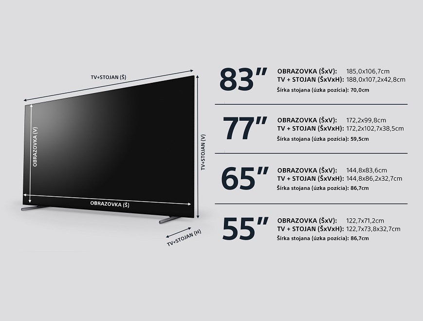 Televízor Sony XR-65A80L Rozmery televízorov Sony v modelovom rade A80L