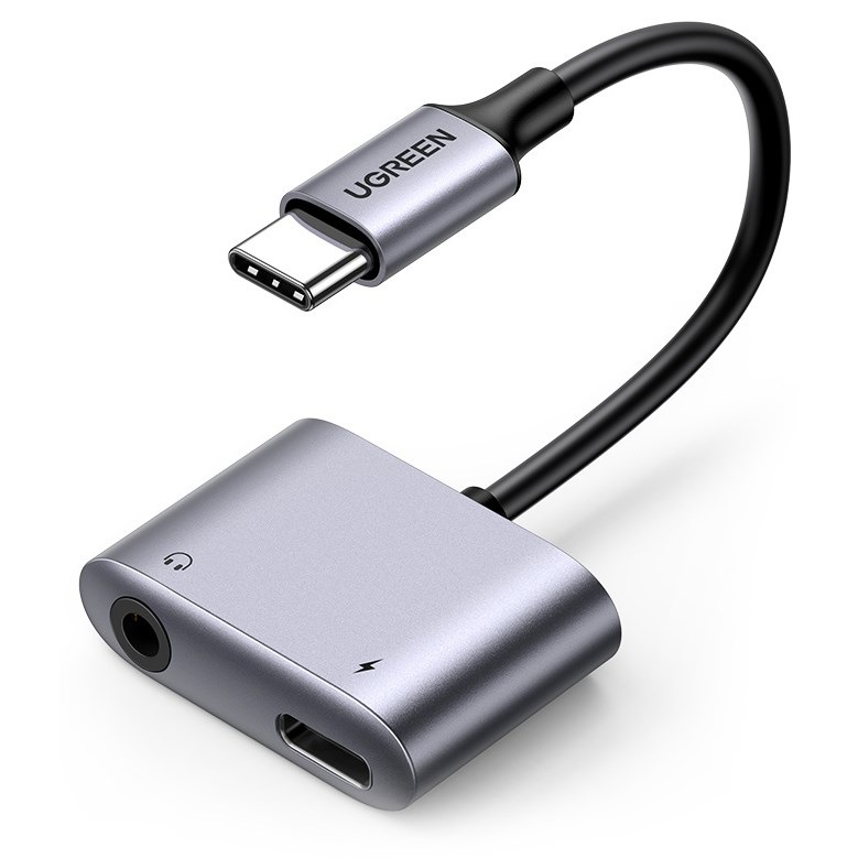 Redukcia UGREEN USB-C/USB-C PD + 3.5mm Jack sivá