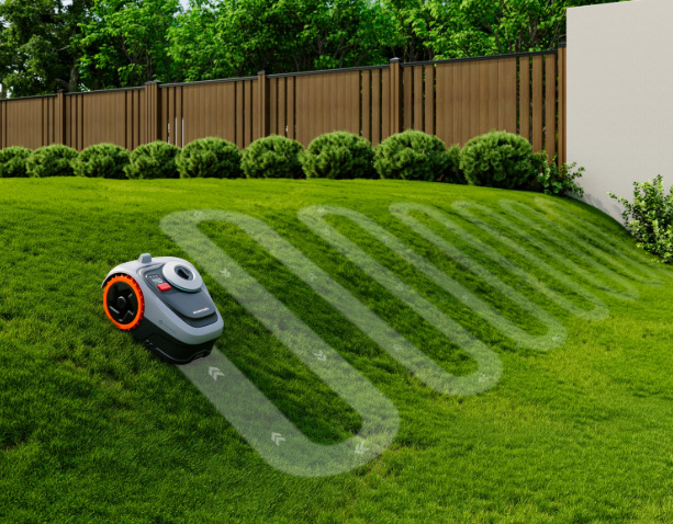 Robotická kosačka Segway Navimow i208E AWD Robotická kosačka Segway Navimow i208E sekajúci trávnik vo svahu podľa digitálnej mapy