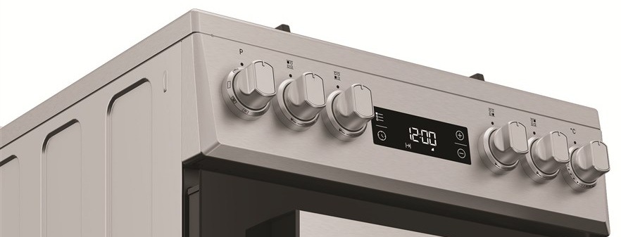 Kombinovaný sporák Whirlpool W5G8LMX nerez Detail ovládacieho panelu a gombíkov sporáka K50 Whirlpool W5G8LMX