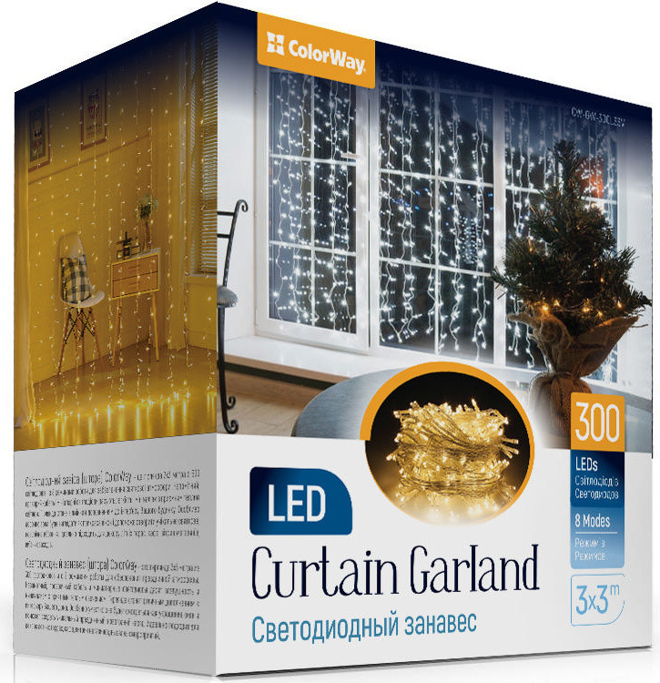 Vianočné osvetlenie ColorWay vnútorné, 300 LED, 3× 3m, 220–240V AC, teplá biela