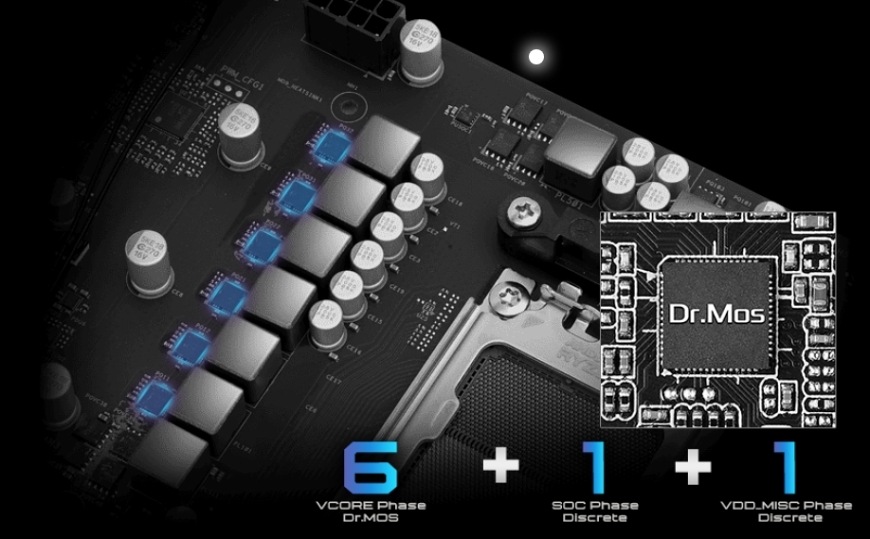 Základná doska ASRock B850M-X R2.0 čierna Detail napájacej kaskády Dr.MOS pri základnej doske ASRock B850M-X R2.0 pre procesory AMD Ryzen