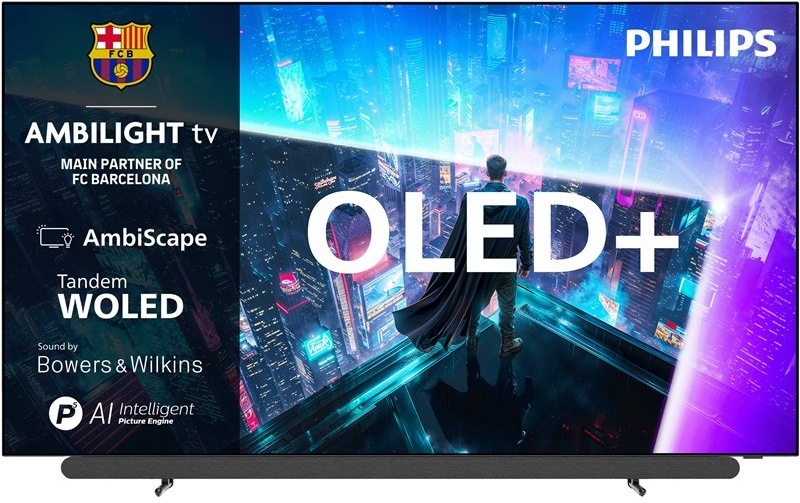 Televízia Philips OLED+ 911 s Ambilight a integrovaným soundbarom, marketingový partner FC Barcelona.