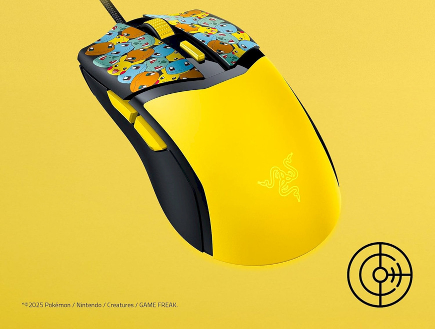 Myš Razer COBRA Pokémon Kanto Starters Ed. žltá Detail hornej časti myši Razer Cobra Pokémon s potlačou Kanto štartérov a kolieskom v žltej farbe“
