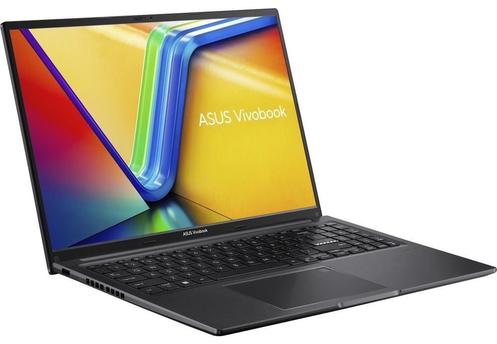 Otvorený a zapnutý notebook Asus Vivobook 16 otočený doľava