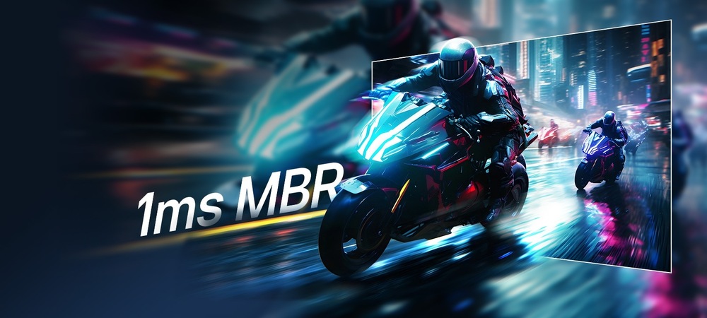 Záber z hry s futuristickými pouličnými motocyklovými pretekmi ožiarený neónovými svetlami vo vysokých rýchlostiach s textom 1 ms MBR, poukazujúci na nízku odozvu.