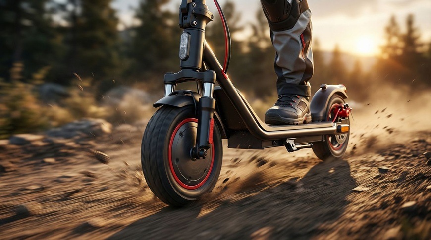 Elektrická kolobežka Sencor SCOOTER S31 čierna Detail jazdy na elektrickej kolobežke Sencor SCOOTER S31 zachytáva predné koleso pri pohybe po nerovnom teréne, kedy sa pod ním dvíha prach a drobné kamienky. Robustná konštrukcia a výrazné červené detaily podčiarkujú dynamiku aj stabilitu pri jazde.