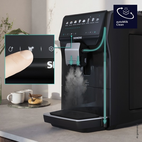 Kávovar Siemens TP555EM7 parou prečištuje kávové výpuste