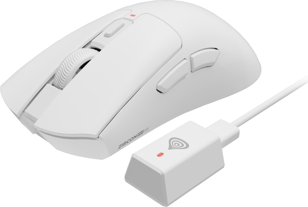Myš Genesis Zircon 880 PRO biela Biela herná myš Genesis Zircon 880 PRO z bočného pohľadu s dvoma tlačidlami pri palci. Vedľa nej je káblovo pripojený bezdrôtový prijímač 8K s červenou kontrolkou.