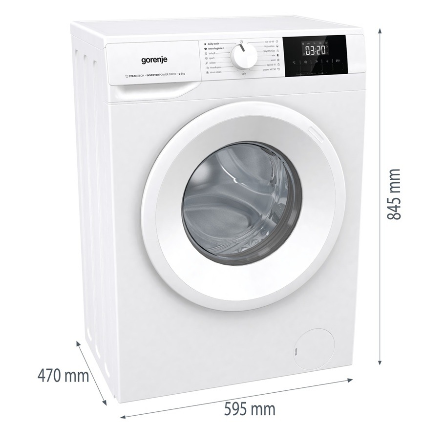 Práčka Gorenje WNGPI72SBS biela Na obrázku je práčka Gorenje WNGPI72SBS s rozmermi a funkciou FastWashing