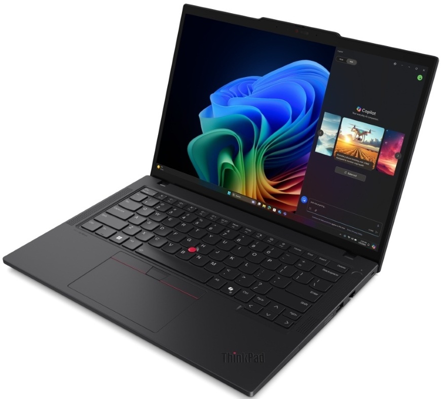 Pohľad na notebook Lenovo ThinkPad T14 Gen 6 a jeho ľavý bok s portami
