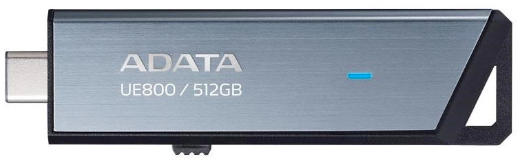 USB flashdisk ADATA Elite UE800 512GB strieborný Detail kovového tela ADATA UE800 512GB s výsuvným USB-C konektorom a LED indikáciou