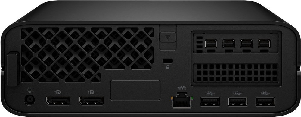 PC mini HP Z2 Mini G1i čierny Na obrázku je zadná strana kompaktného počítača HP Z2 Mini G1i v čiernom prevedení. Vľavo dole je napájací konektor a vedľa dva obrazové výstupy DisplayPort. Uprostred sú ďalšie prvky vrátane sieťového portu Ethernet a troch klasických USB portov. Vpravo hore je rozširujúci blok so štyrmi ďalšími obrazovými konektormi a pod ním ventilačná mriežka.