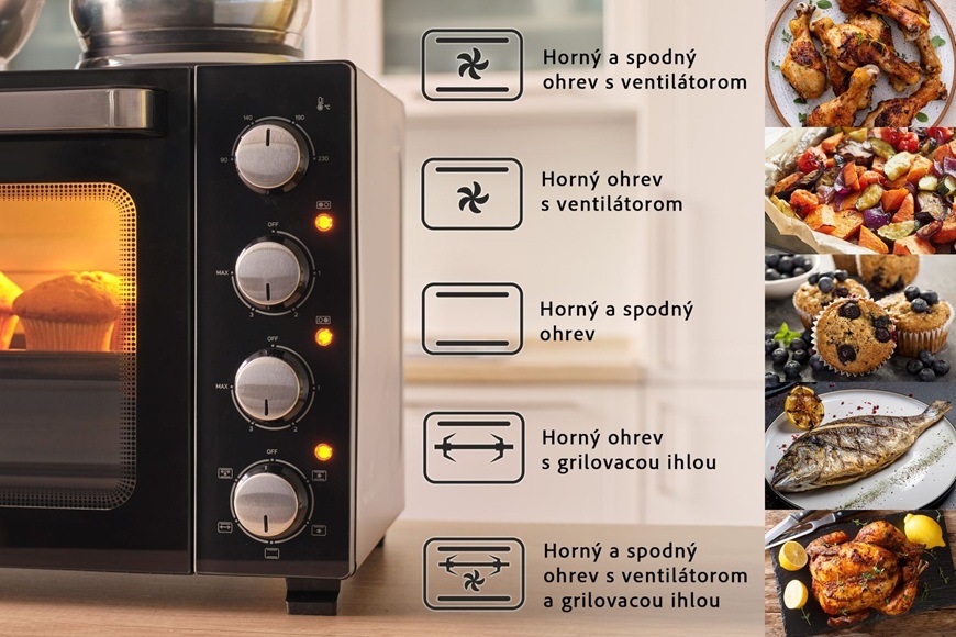 Detail mini rúry Sencor SEO 2800BK s prehľadom režimov pečenia vrátane teplovzdušného ohrevu, grilu a otočného ražňa, doplnený ukážkami pripravovaných jedál ako kurča, zelenina, muffiny a ryba.