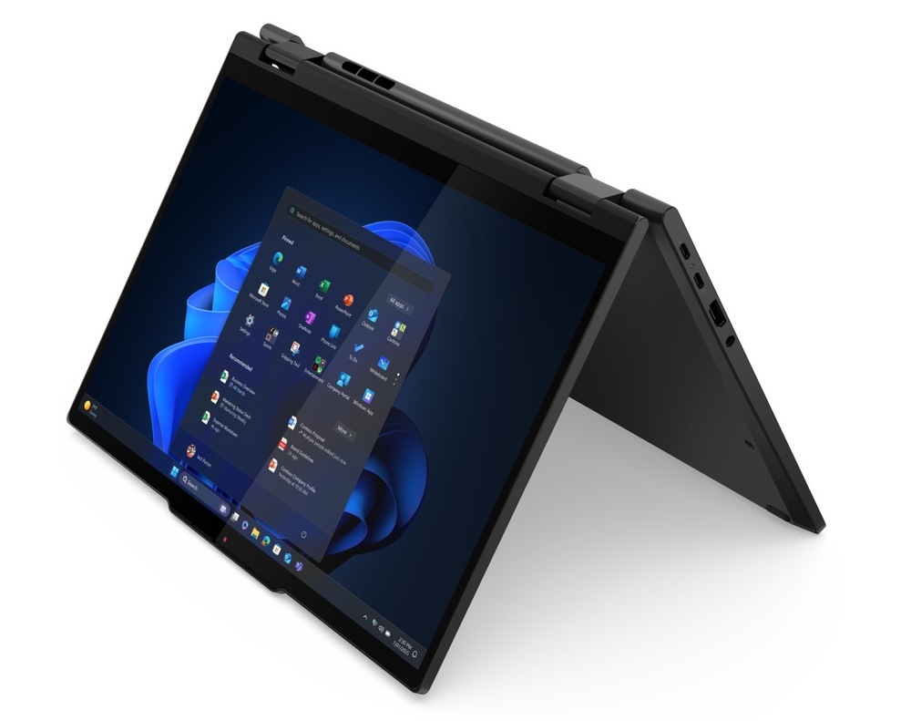 Otvorený notebook Lenovo ThinkPad T14s 2-in-1na postavený do polohy stanu