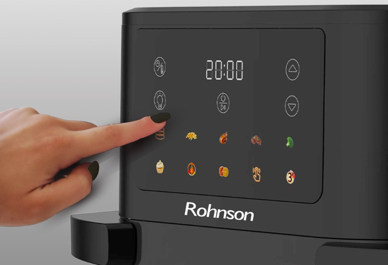 Teplovzdušná fritéza Rohnson R-2898 s objemom 10 l v čiernom prevedení s dotykovým displejom a priehľadovým okienkom.