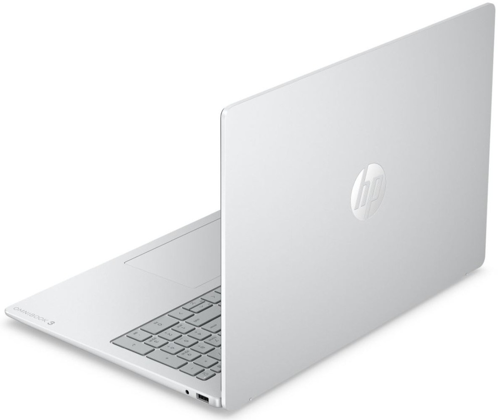 Notebook HP OmniBook 3 16-bu0604ncx + Game Pass predplatné na 2 mesiace strieborný Zadný pohľad na notebook HP OmniBook 3 s logom HP na veku
