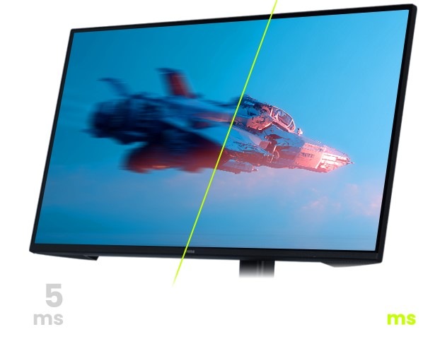 Herný monitor IIYAMA G-Master GB2771HSU-W1 biely na monitore je stíhačka, pričom jedna polovica obrazovky je rozmazaná a druhá krásne čitateľná. Vďaka tomu si užijete verné herné podanie s prispôsobením obrazu rôznym hrám.