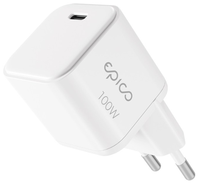 Biely napájací adaptér Epico UltraBoost Micro AVS GaN 100W s USB-C portom a výkonom 100 W