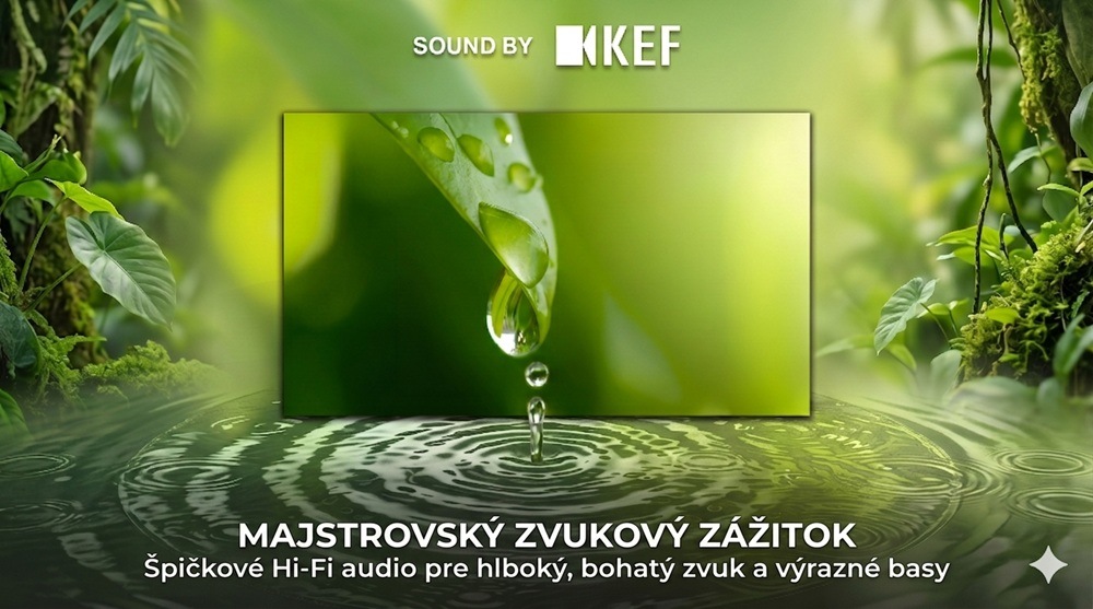 Televízor Haier H75S90GUX televízna obrazovka nad vodou s listom na obraze a zelená džungľa v pozadí
