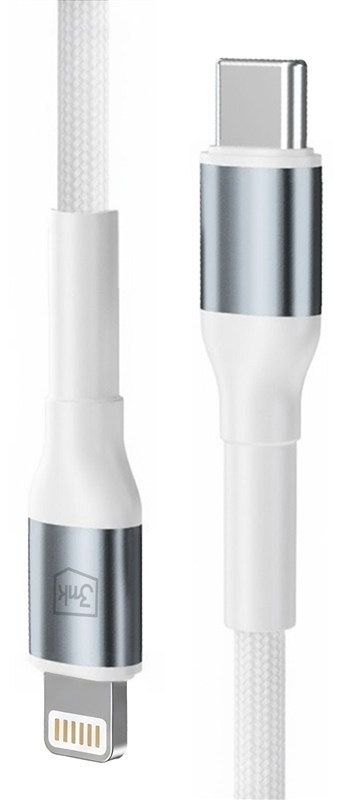 Nabíjací kábel 3mk s konektormi USB-C a Lightning, biela farba
