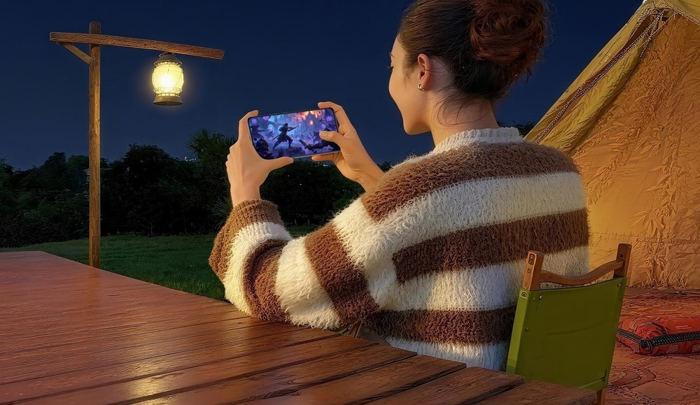 Mobilný telefón vivo V70 Lite 5G 6 GB / 256 GB čierny žena drží v ruke mobilný telefón Vivo V70 Lite 5G 6 GB/256 GB, na ktorom aj v tme hrá hry, viditeľnosť a čitateľnosť displeja je skvelá za každej situácie