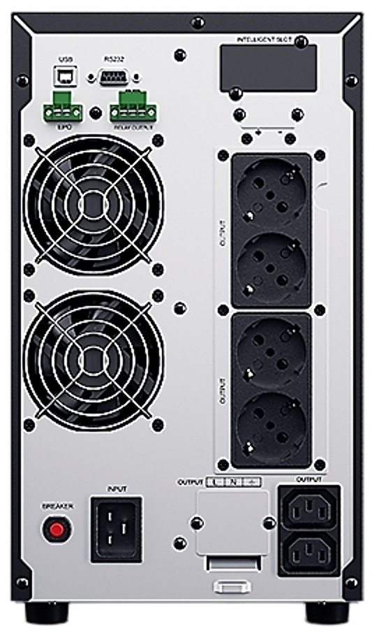 Záložný zdroj CyberPower OnLine S 3000VA/2700W, Tower čierny Na obrázku je zadná strana záložného zdroja. Sú tu dva veľké chladiace ventilátory, niekoľko napájacích zásuviek na pripojenie zariadenia, vstupný napájací konektor, komunikačné porty USB a RS232 a tiež tlačidlo ističa. Zadný panel pôsobí technicky a je určený na pripojenie aj chladenie zariadenia.
