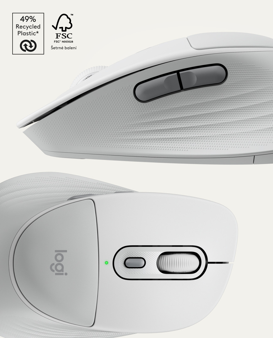 Bočný pohľad na Logitech Signature M850 L Wireless s označením recyklovaného plastu a šetrného balenia