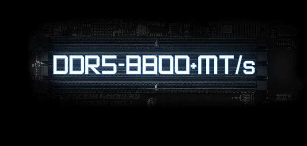 Základná doska MSI PRO Z890-S WIFI Obrázok ukazuje základnú dosku počítača s osvetleným štítkom DDR5-8800+ MT/s na slote RAM, ktorý označuje vysokorýchlostnú pamäťovú kapacitu.