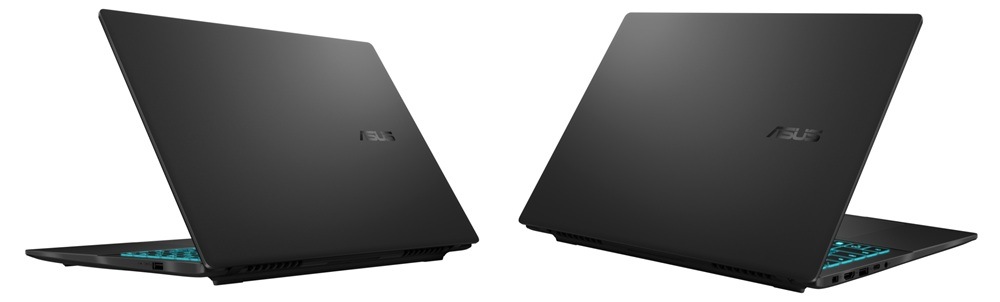Dva pootvorené notebooky Asus V16 zozadu