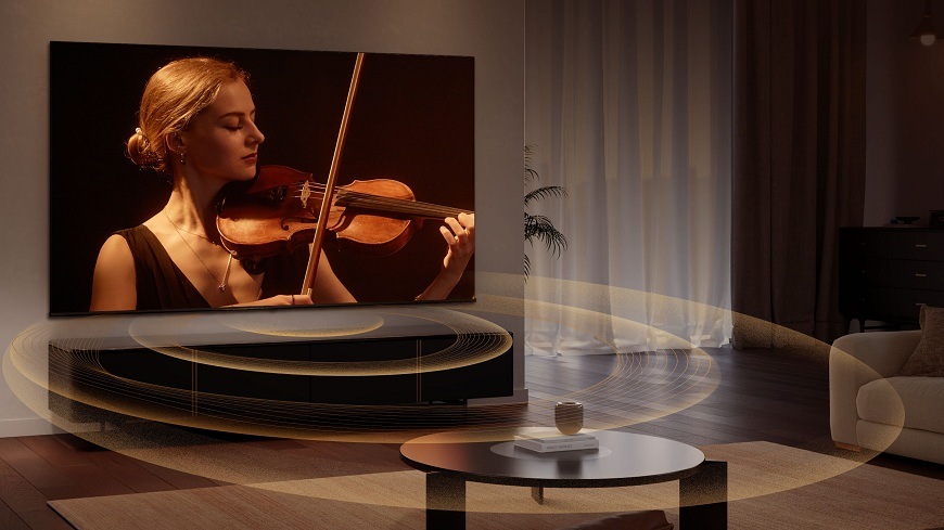 Televízor Hisense 65A6S Televízia Hisense 65A6S visí na stene v obývačke a prehráva husľový koncert