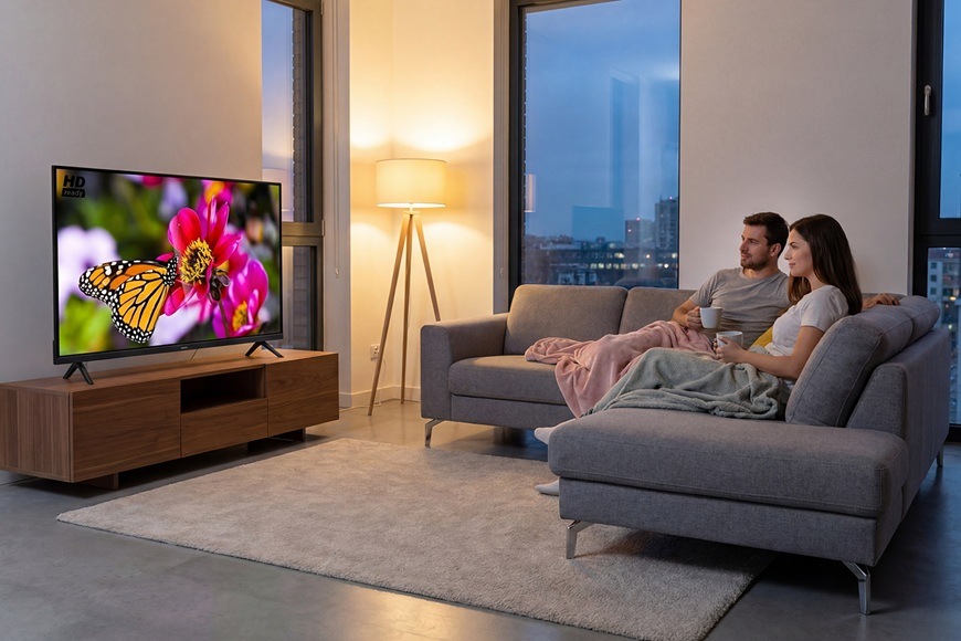 Televízor Sencor SLE 3234 Televízia Sencor SLE 3234 v modernej obývacej izbe pri večernom sledovaní televízie.